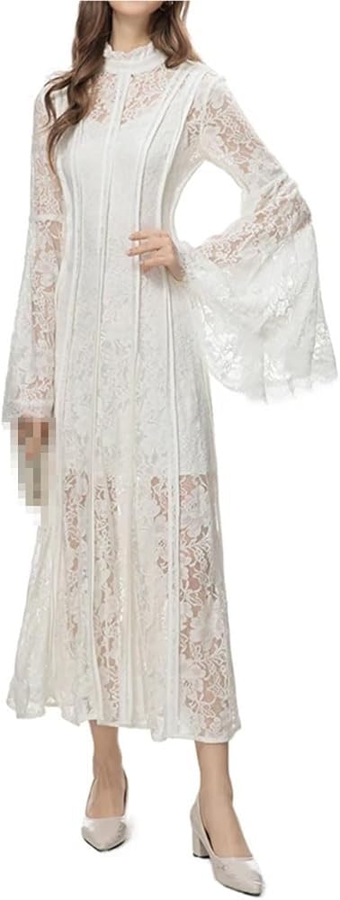 Vintage Summer Women Maxi Dress Striped Slim Fit Travel Suspender Dress Elegant Casual Hollow Lace Beach Outing Skirt