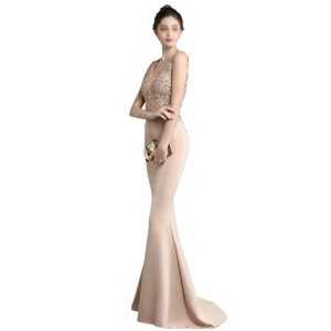 Sexy V-Neck Appliques Beading Prom Gown Long Simple Slim Fit Fishtail Skirt Nude Satin Dinner Dresses