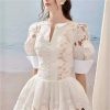 Women??s Dress V-Neck Puff Half Sleeve Summer Ball Gown Casual Solid Floral Lace Slim Fit Dresses