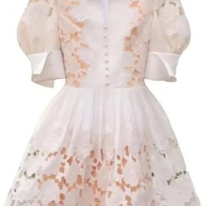 Women??s Dress V-Neck Puff Half Sleeve Summer Ball Gown Casual Solid Floral Lace Slim Fit Dresses