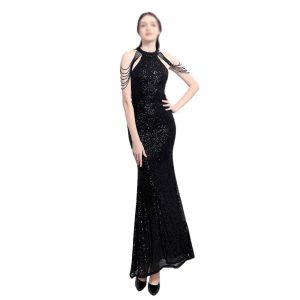 Classic Black Beaded Dignified Women's Dinner Dresses Women Elegant Slim Fishtail Party Long Evening Gown