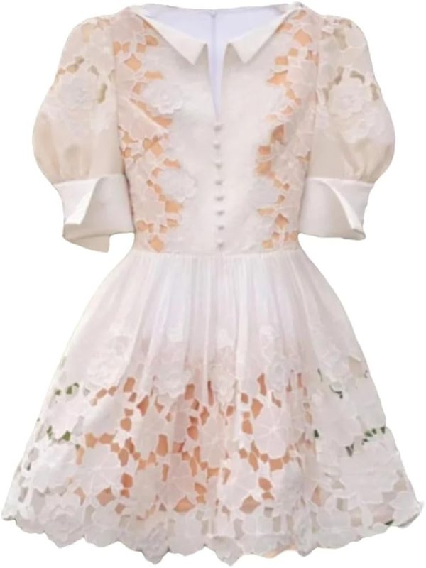 Women??s Dress V-Neck Puff Half Sleeve Summer Ball Gown Casual Solid Floral Lace Slim Fit Dresses
