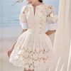 Women??s Dress V-Neck Puff Half Sleeve Summer Ball Gown Casual Solid Floral Lace Slim Fit Dresses