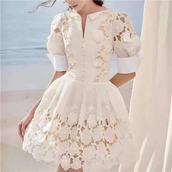 Women??s Dress V-Neck Puff Half Sleeve Summer Ball Gown Casual Solid Floral Lace Slim Fit Dresses