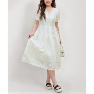 Women Beige Dress Gentle Style Short Sleeve V-Neck Long Lace Lyocell Dresses Solid Vestidos