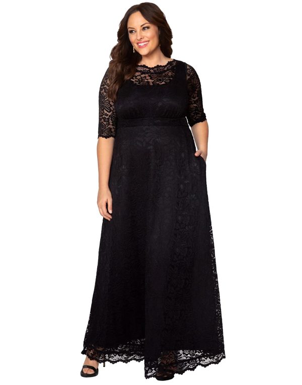 Women??s Plus Size Leona Lace Gown, Maxi Dress Formal Evening Ball Gown with Side Pockets for Wedding Guest