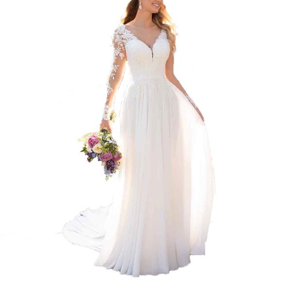 Wedding Dresses for Bride 2025 with Lace Appliques Chiffon A Line Women Dress Long Sleeves Beach Bride Dress