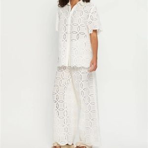 Women's Embroidered Cotton Set - White Hollow Out Shirt & Elastic Waist Pants