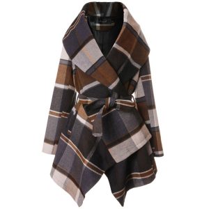 Women's Turn Down Shawl Collar Earth Tone Check Asymmetric Hemline Wool Blend Coat