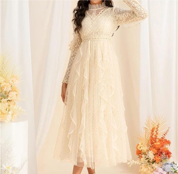 Vintage Inspired Long Sleeve Dress Women's Elegant Stand Collar Lace Long Skirt Gold Polka Dot Casual Flowing Long Gown
